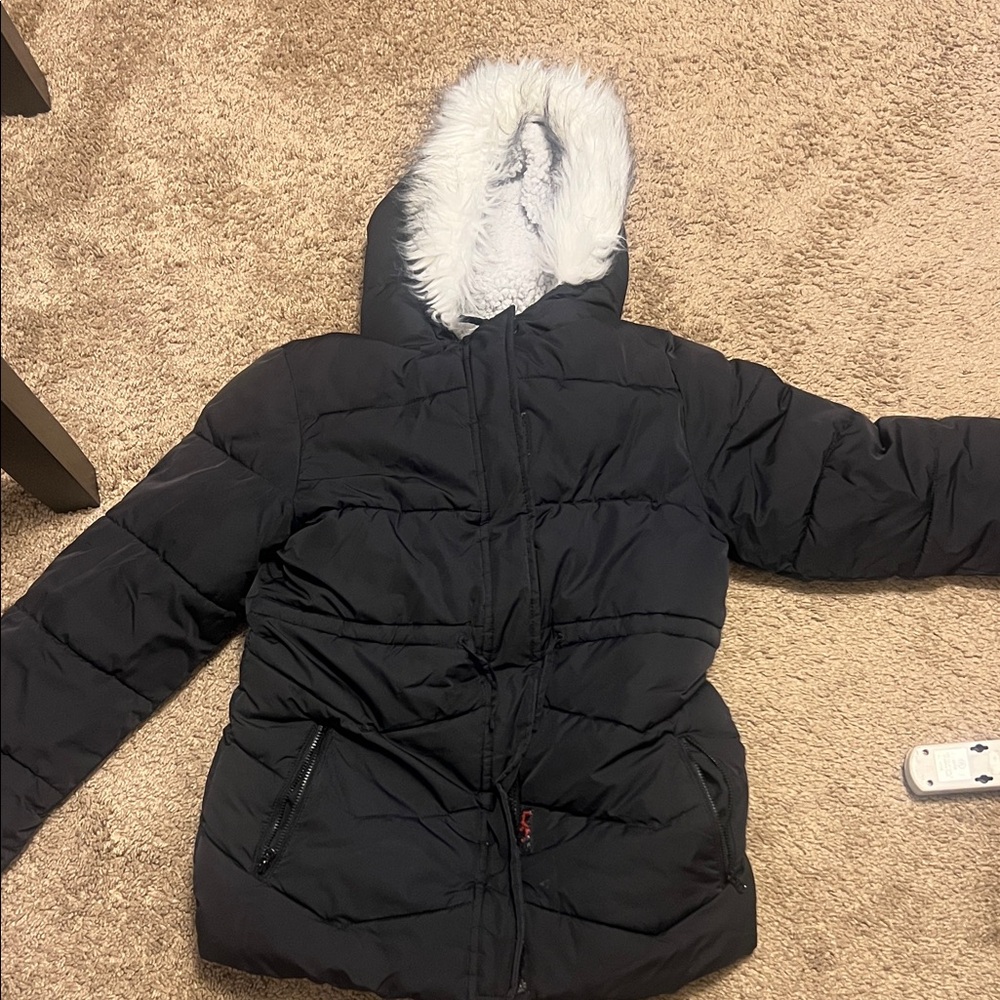 The Children's Place Black Puffer Coat with Faux Fur Trim